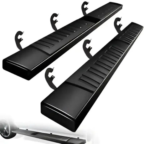 Black truck running boards for Ford Transit with roof rack for carrying oversized equipment