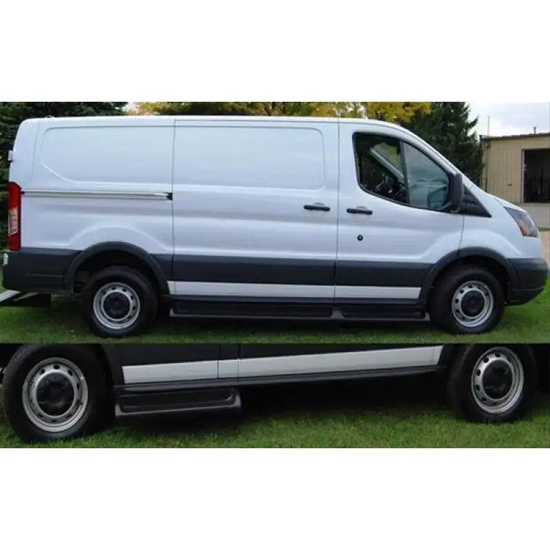 White Ford Transit van with roof rack for carrying oversized equipment, model 683494-01