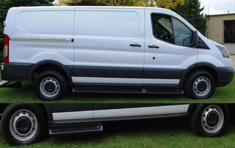White Ford Transit van with roof rack for carrying oversized equipment, model 683494-01