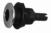 Black and chrome through-hull fitting with plas ss cap for bilge pump installation