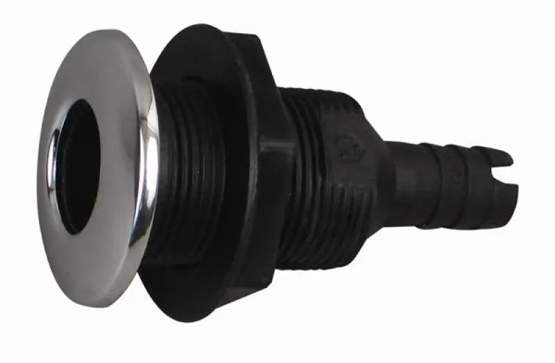 Black and chrome through-hull fitting with plas ss cap for bilge pump installation
