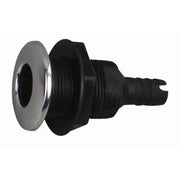 Black and chrome through-hull fitting with plas ss cap for bilge pump installation