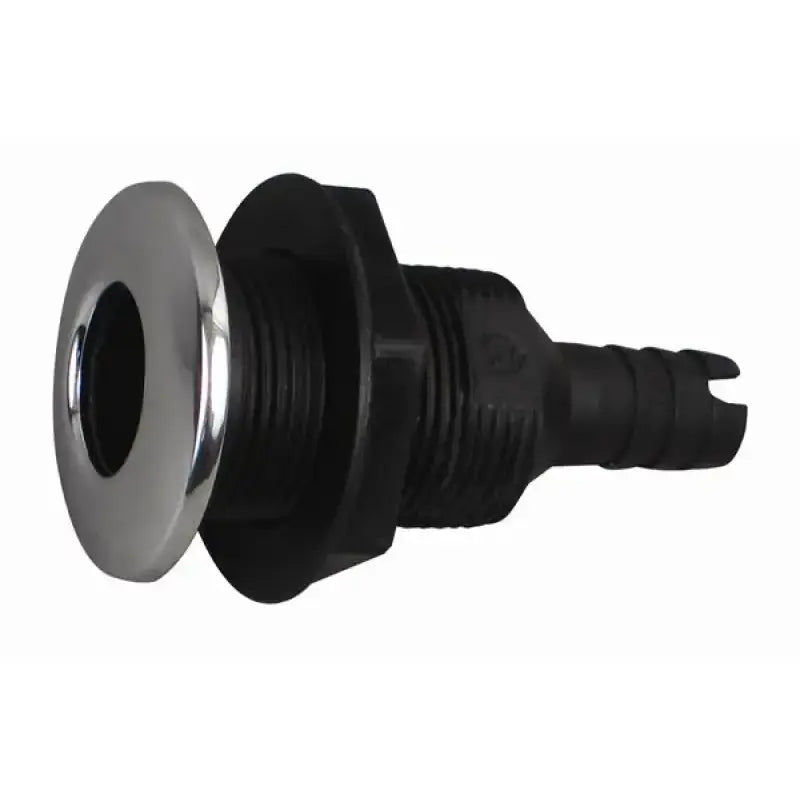 Black and chrome through-hull fitting with plas ss cap for bilge pump installation
