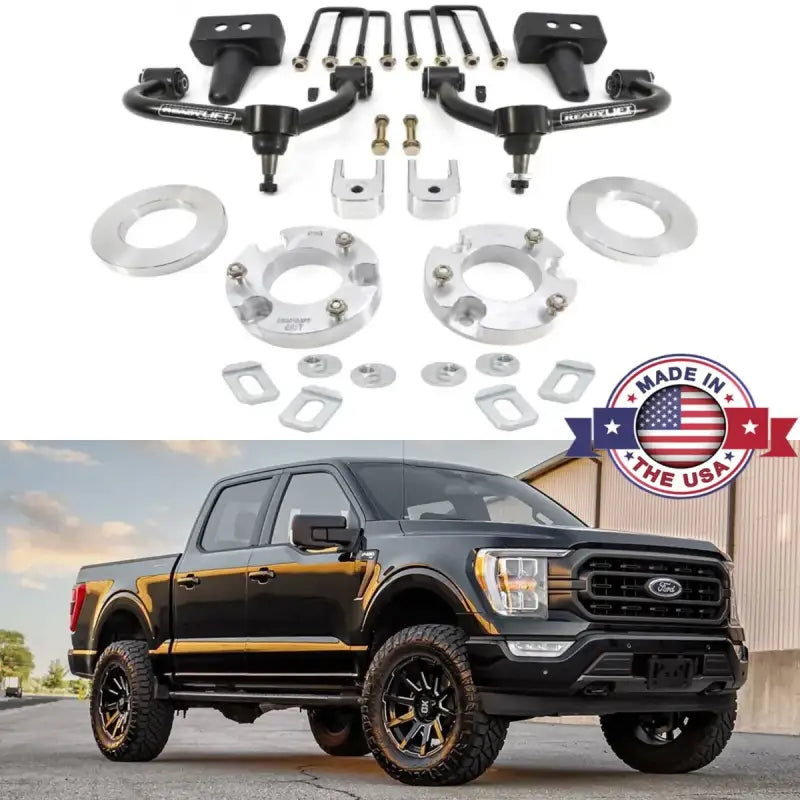 69-21350 Readylift 3.5' Lift Kit for 2021 Ford F150, designed to enhance off-road performance and improve truck appearance, featuring suspension lift components displayed above a lifted Ford F150 truck; ideal for RV, automotive, powersports, off-road, marine, exterior, truck accessories, interior, truck bed, rv parts, Suspension, AVADA - Best Sellers, Must Haves.