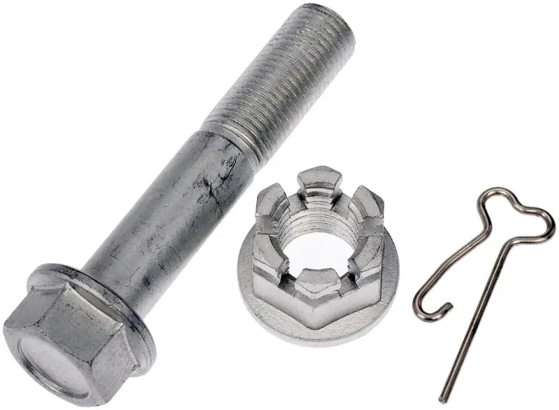 Silver bolt castellated nut and cotter pin on Dorman Loaded Knuckle for easy install