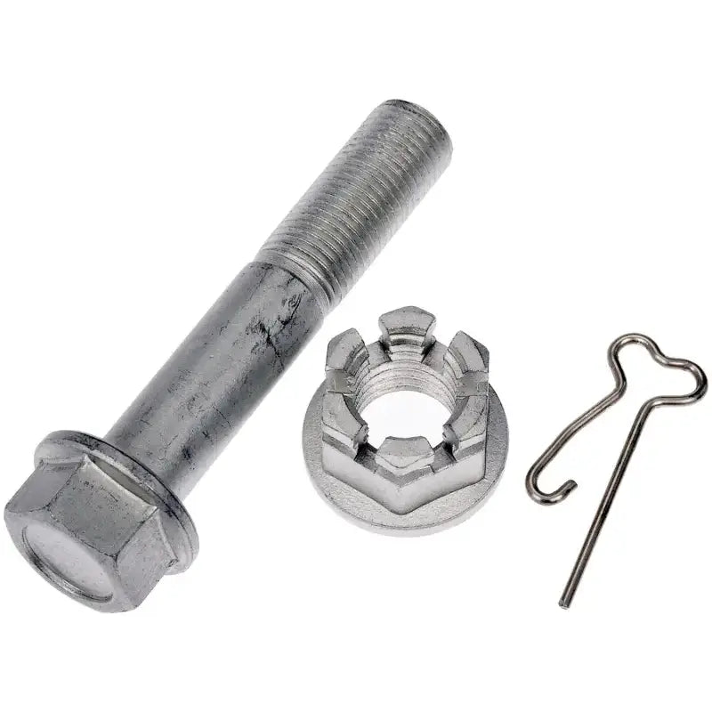 Silver bolt castellated nut and cotter pin on Dorman Loaded Knuckle for easy install