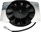 Black electric cooling fan with metal mounting brackets.