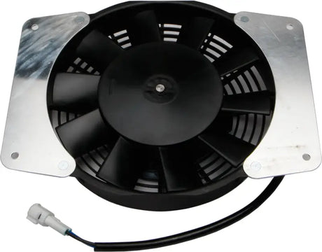 Black electric cooling fan with metal mounting brackets.