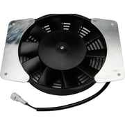 Black electric cooling fan with metal mounting brackets.