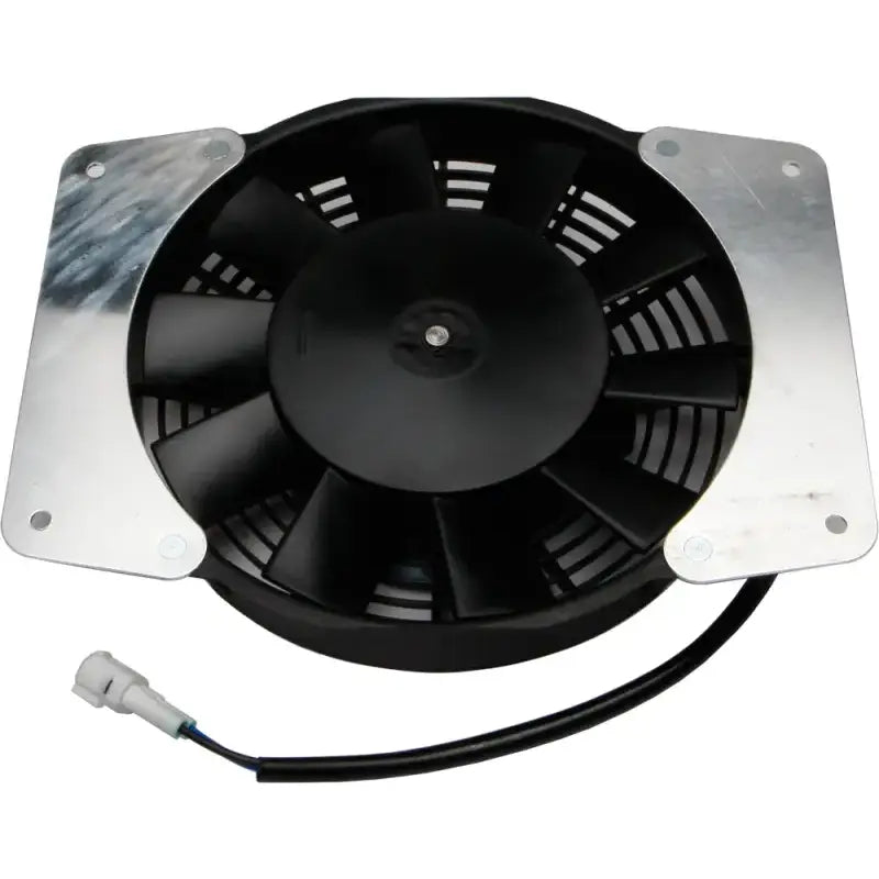 Black electric cooling fan with metal mounting brackets.
