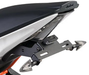 Black motorcycle fender eliminator kit with integrated LED turn signals for sleek look