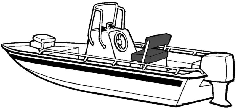 Black and white drawing of Carver boat with seat, wheel, outboard engine