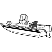 Black and white drawing of Carver boat with seat, wheel, outboard engine