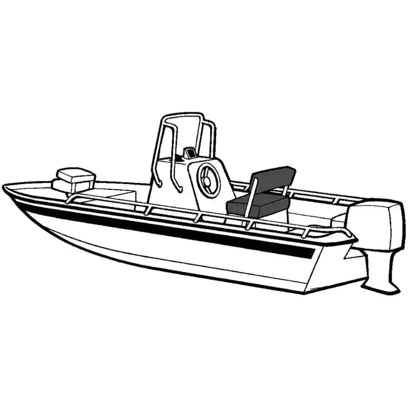 Black and white drawing of Carver boat with seat, wheel, outboard engine