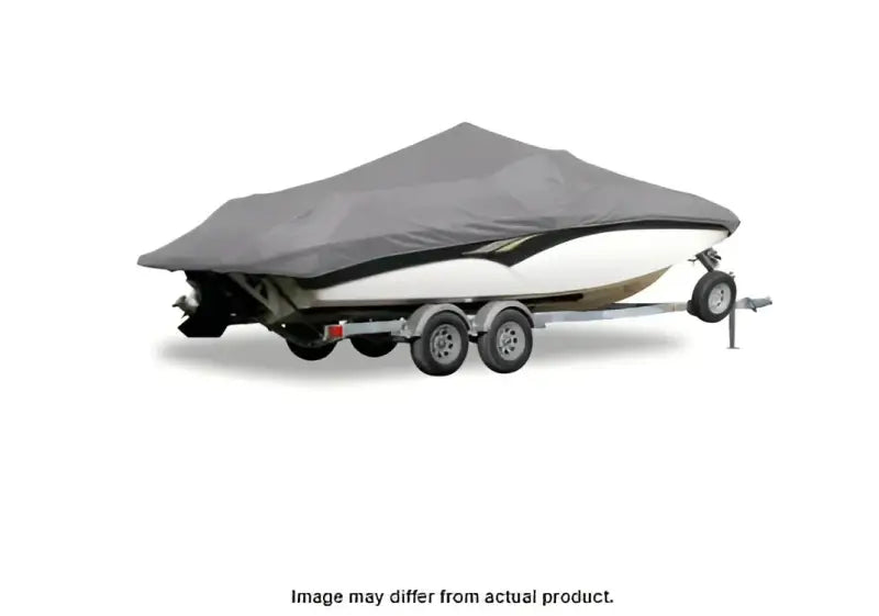 Carver boat cover on trailer with gray protective cover for Skiff-19 boat