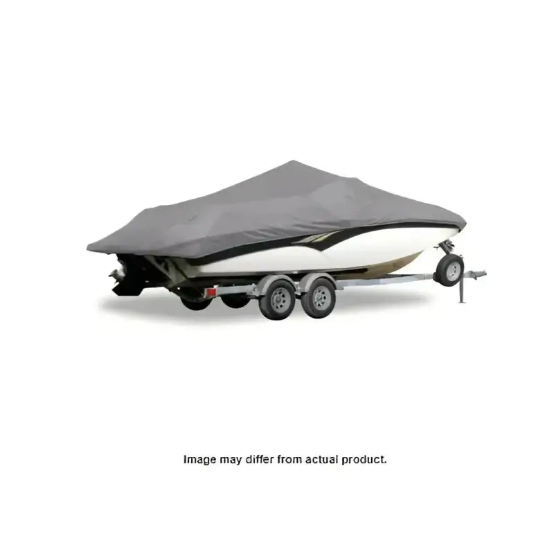 Carver boat cover on trailer with gray protective cover for Skiff-19 boat