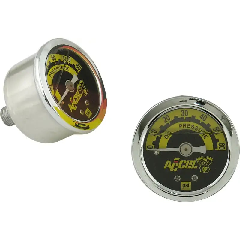 Chrome-plated Accel oil pressure gauge with black and yellow dials for accurate oil pressure readings