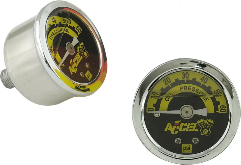 Chrome-plated Accel oil pressure gauge with black and yellow dials for accurate oil pressure readings