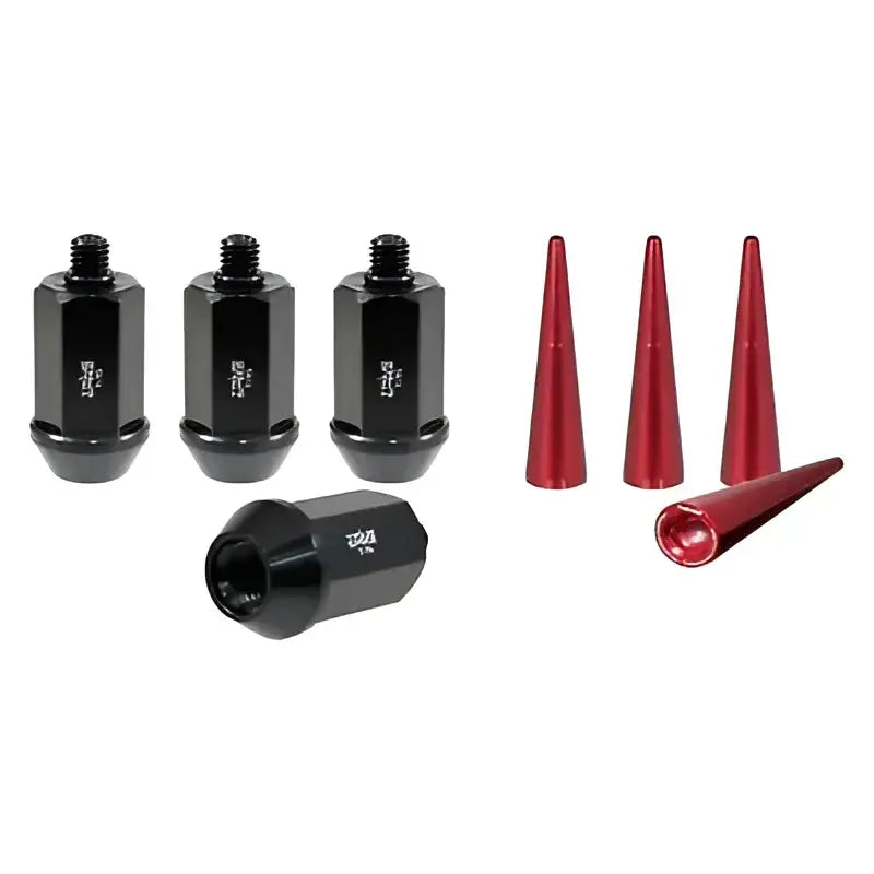 Black lug nuts with red cone caps for True Spike Wheels wheel installation kit