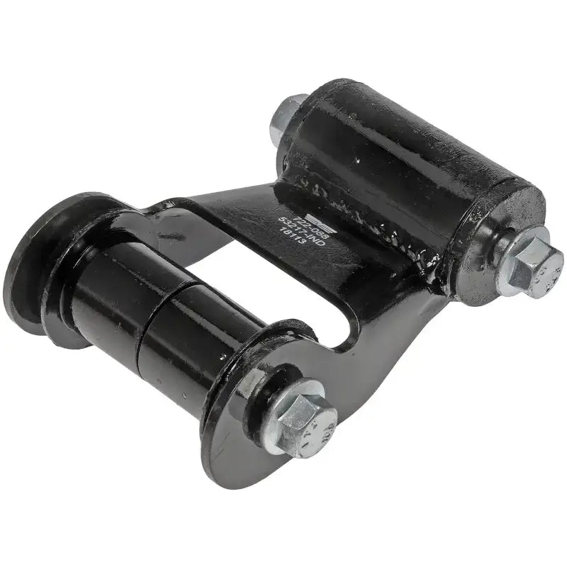 Black metal suspension shackle with bushings and bolts from Dorman Shackle Kit