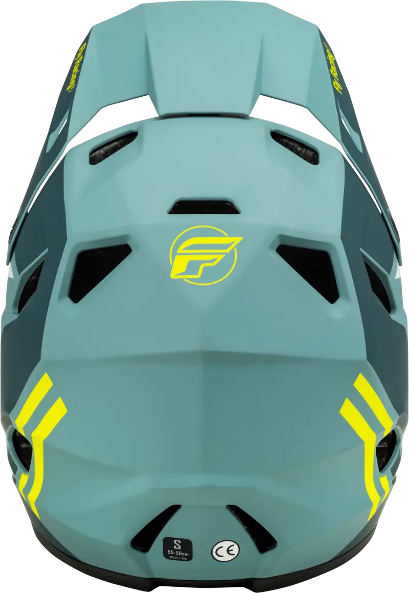 Teal and yellow full-face 73-3610L Rayce Helmet Matte Blue Stone Fly Racing