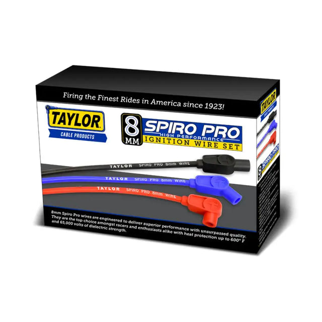 Taylor Cable 8mm Spiro Pro Ignition Wire Set, black, blue, red wires, 180-degree boots, universal fit package.
