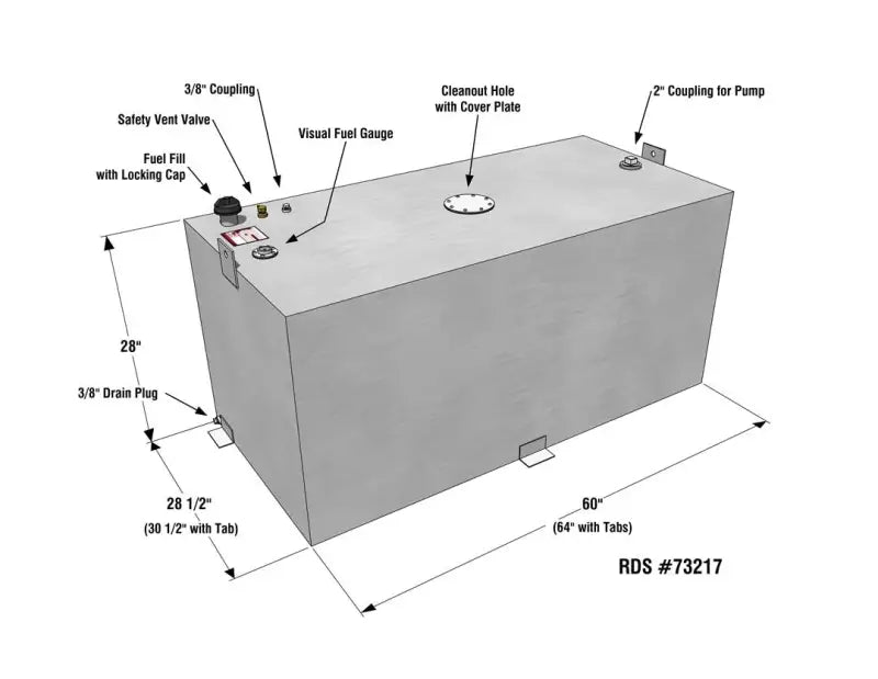 Rectangular RDS Tanks fuel tank with fittings and dimensions for 73217 RDS Tanks Fuel Tank 200 Gallon
