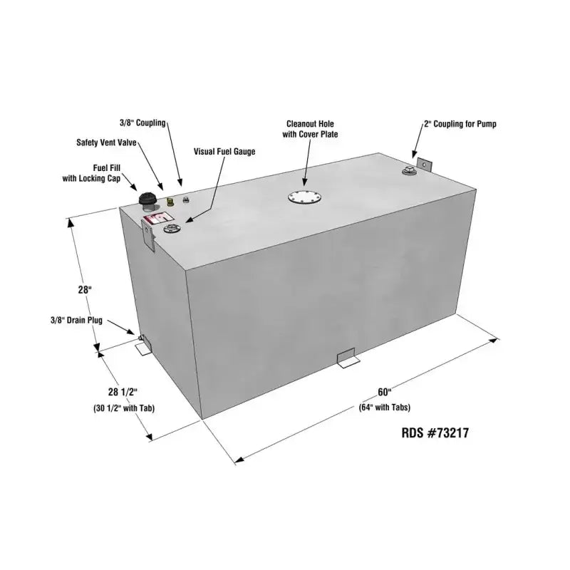 Rectangular RDS Tanks fuel tank with fittings and dimensions for 73217 RDS Tanks Fuel Tank 200 Gallon