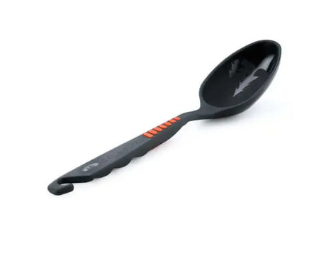 Black plastic sports pack spoon with orange accents and hooked handle for G.S.I.Sports Pack