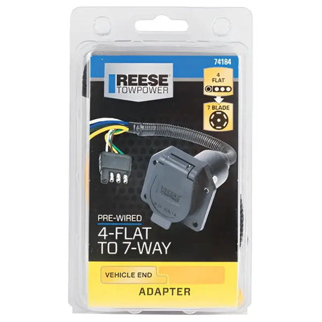 74184 Reese 7 Way Round Car End Connector in packaging. Ideal for RV, automotive, powersports, off-road, marine, exterior, truck accessories, interior, truck bed, rv parts. Towing & Hitches, Towing | Trailer | Axles | Brakes | Boat, Trailer Wiring | Towing | Adapters | Connectors, AVADA - Best Sellers, Powersports Accessories, Must Haves