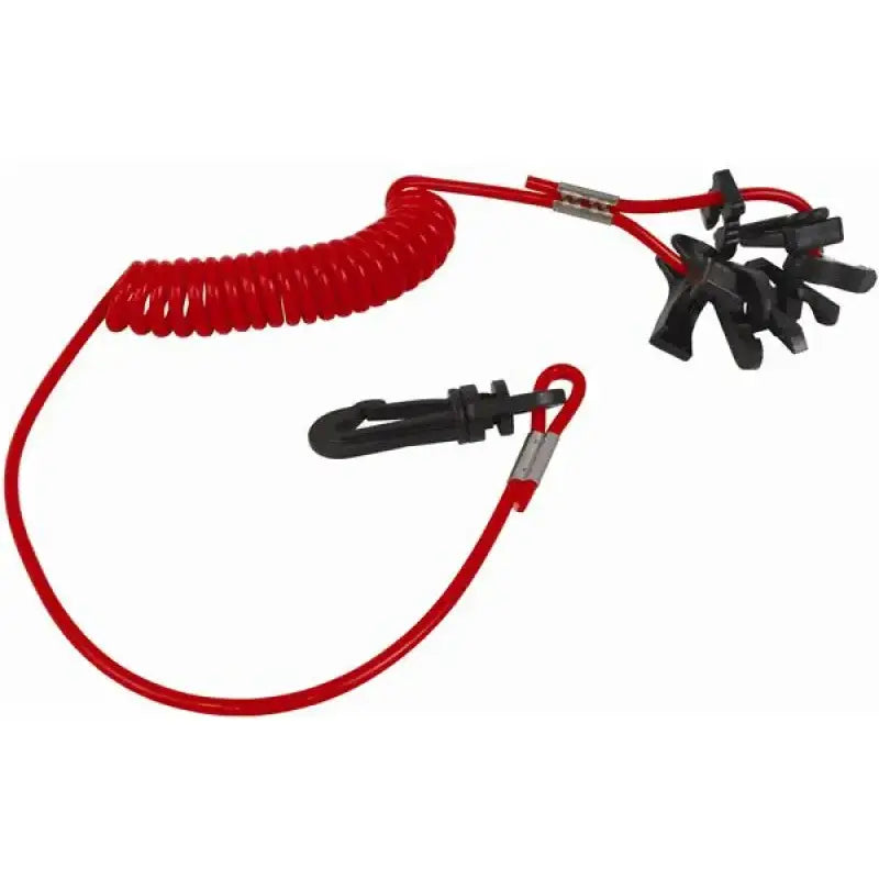 Red coiled safety lanyard with black clips for the 7591-6 Attwood Marine Asm-Keys Switch Kill. Durable, non-corroding brass construction for reliable marine performance.