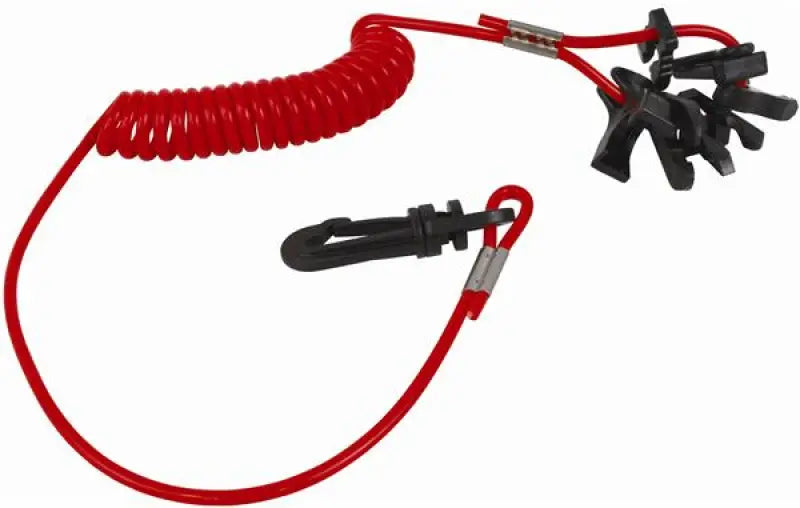 Red coiled safety lanyard with black clips for the 7591-6 Attwood Marine Asm-Keys Switch Kill. Durable, non-corroding brass construction for reliable marine performance.