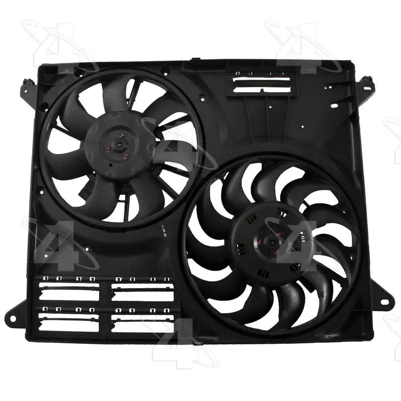 Four Seasons rad cond fan assy with dual black fans and metal frame