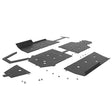 Disassembled black metal Seizmik skid plate kit with tree kickers and hardware