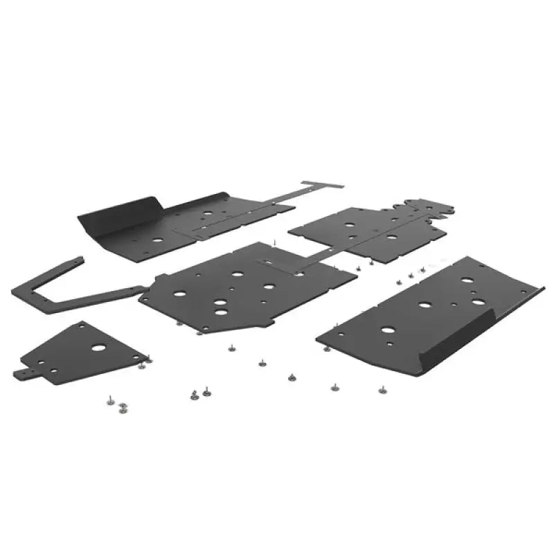 Disassembled black metal Seizmik skid plate kit with tree kickers and hardware