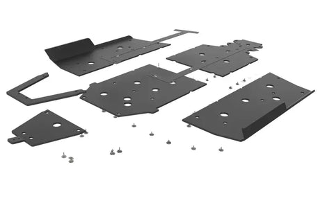 Disassembled black metal Seizmik Skid Plate Kit with fasteners and tree kickers for Uhmw