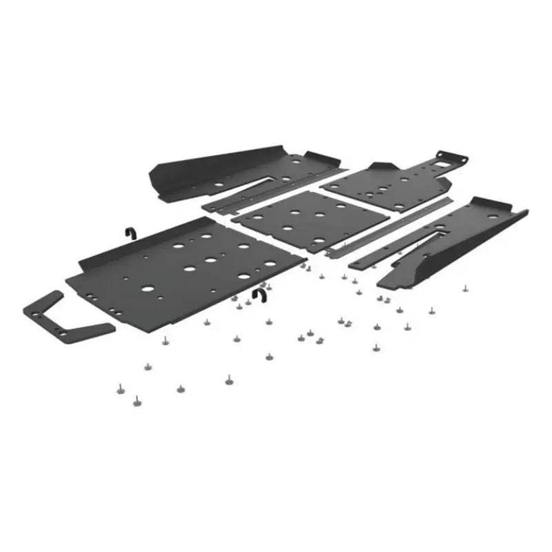 Disassembled black metal Seizmik skid plate kit with fasteners and tree kickers