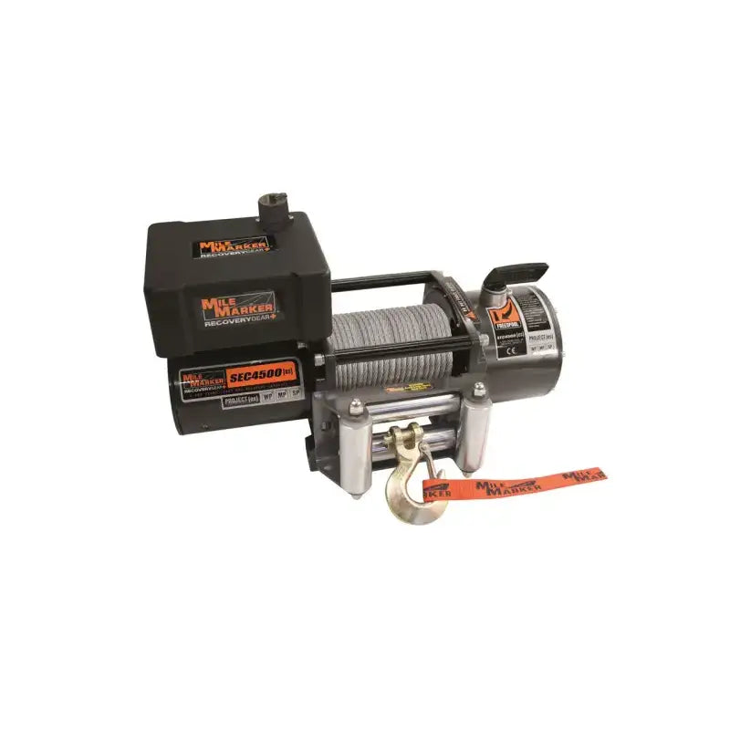 Electric milemarker trailer winch with hook and strap for trailer winching tasks