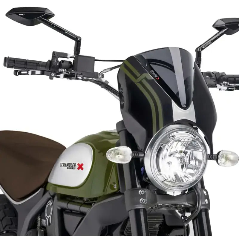 Green and silver Ducati Scrambler with windscreen retrovision carbon look and dark smoke