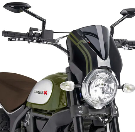 Green and silver Ducati Scrambler with windscreen retrovision carbon look and dark smoke
