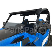 Blue and black side-by-side UTV with spike half windshield, roof, and mirrors