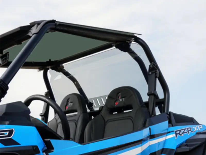 Blue and black Polaris RZR XP with 77-4400-R-T Spike Rear Windshield and hardtop roof