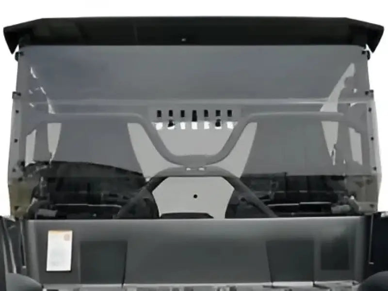 Clear UTV rear windshield with black top trim and gray support frame for 77-7350-R-T Spike Rear Windshield Tint W/Vent