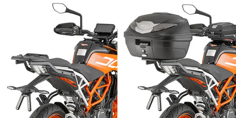 Motorcycle with and without a rear top case showcasing 7707FZ Top Case Hardware for hard luggage mounting