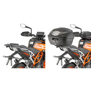 Motorcycle with and without a rear top case showcasing 7707FZ Top Case Hardware for hard luggage mounting