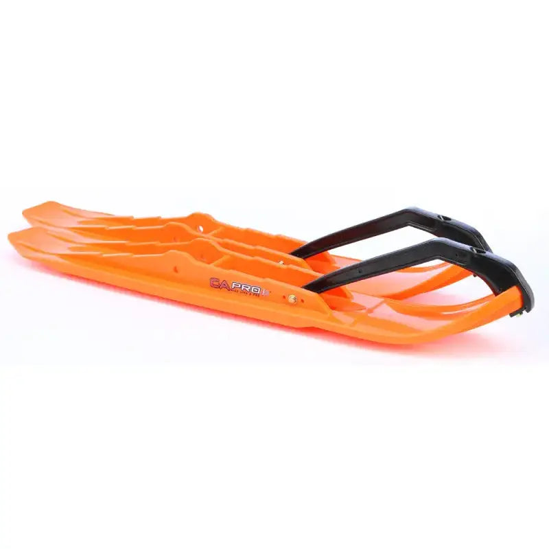 Bright orange XCS Pro Skis snow sleds with black handles for fun winter rides