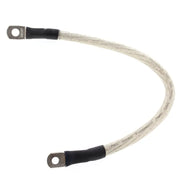 Off-white braided battery cable with black heat shrink and metal ring terminals