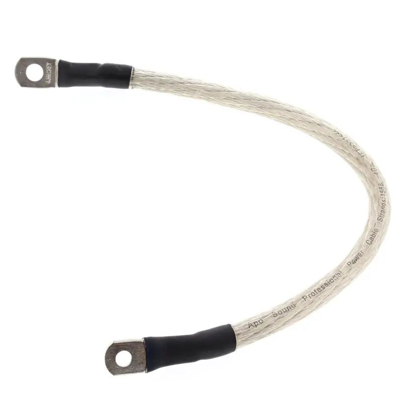 Off-white braided battery cable with black heat shrink and metal ring terminals