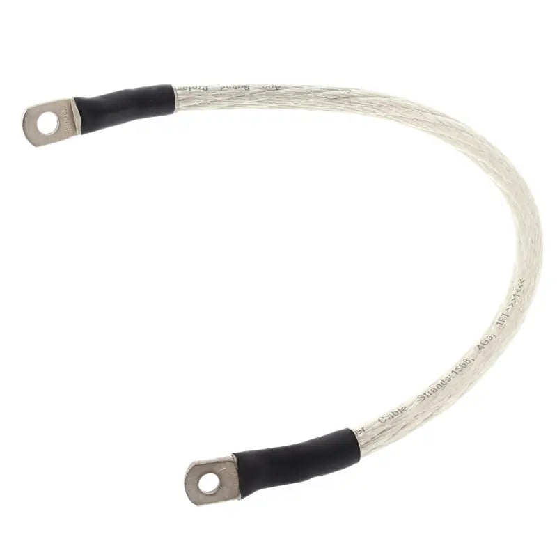 White braided battery cable clear 15 with black heat shrink and metal ring terminals