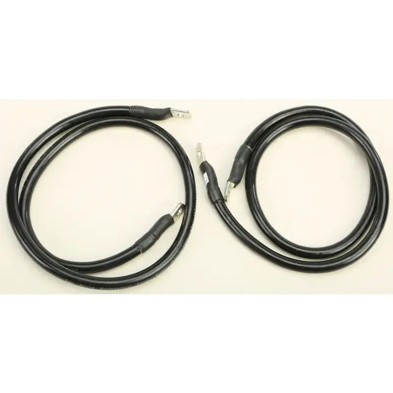 Two black electrical cables with metal terminals.
